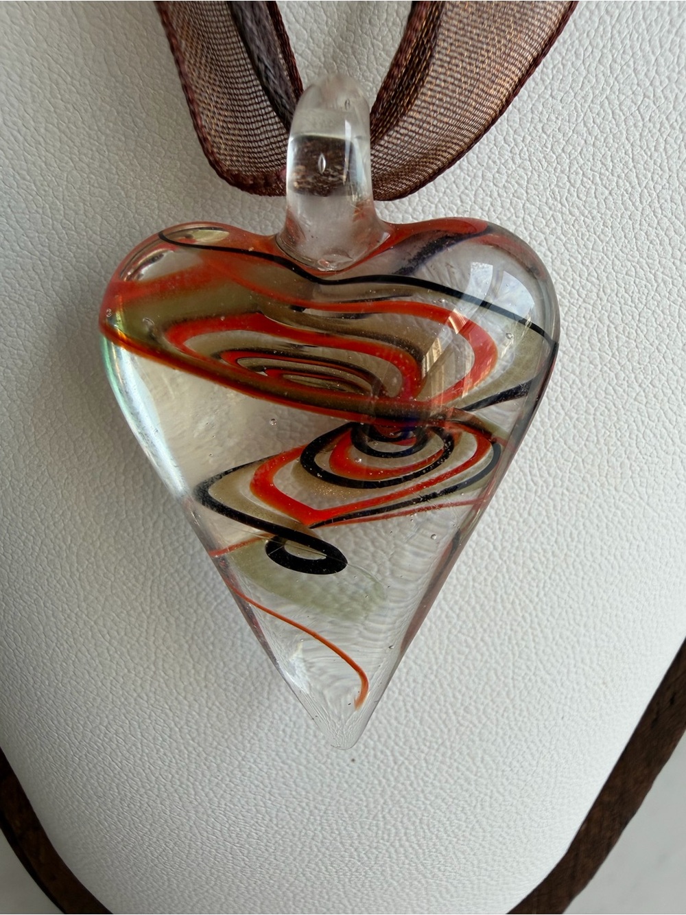 Vintage Y2K Glass Heart Pendant Necklace with brown cord &ribbon- Romantic, Chic - Picture 2 of 5